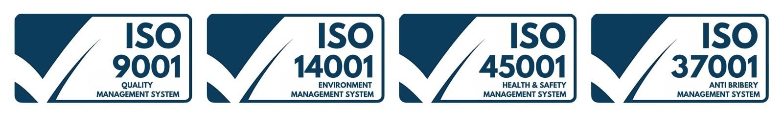 ISO 9001 Quality, ISO 14001 Environment, ISO 45001 Health and Safety, and ISO 37001 Anti-Bribery management system certifications
