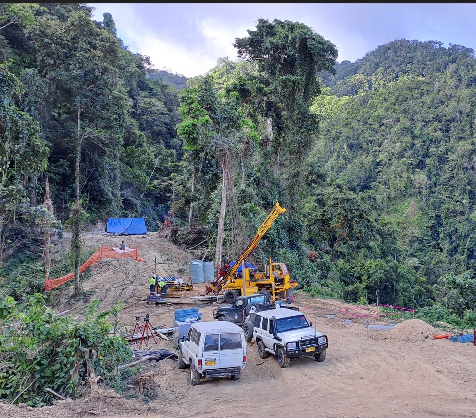 Drill pad cut into steep jungle terrain for a copper-gold program in the Solomon Islands, 2023